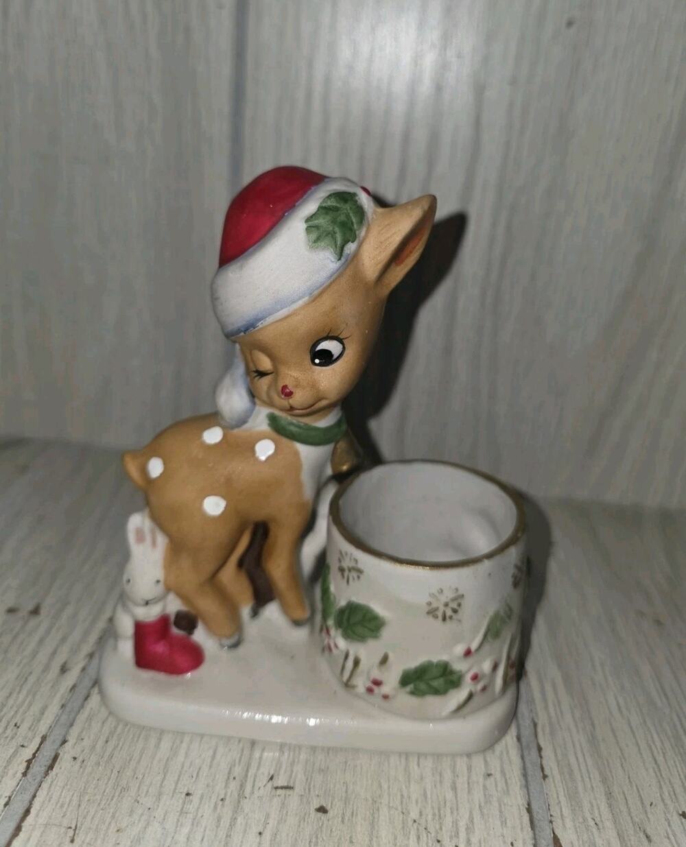 Vtg Jasco Little Winking Reindeer Candle Toothpick Holder Christmas Decoration